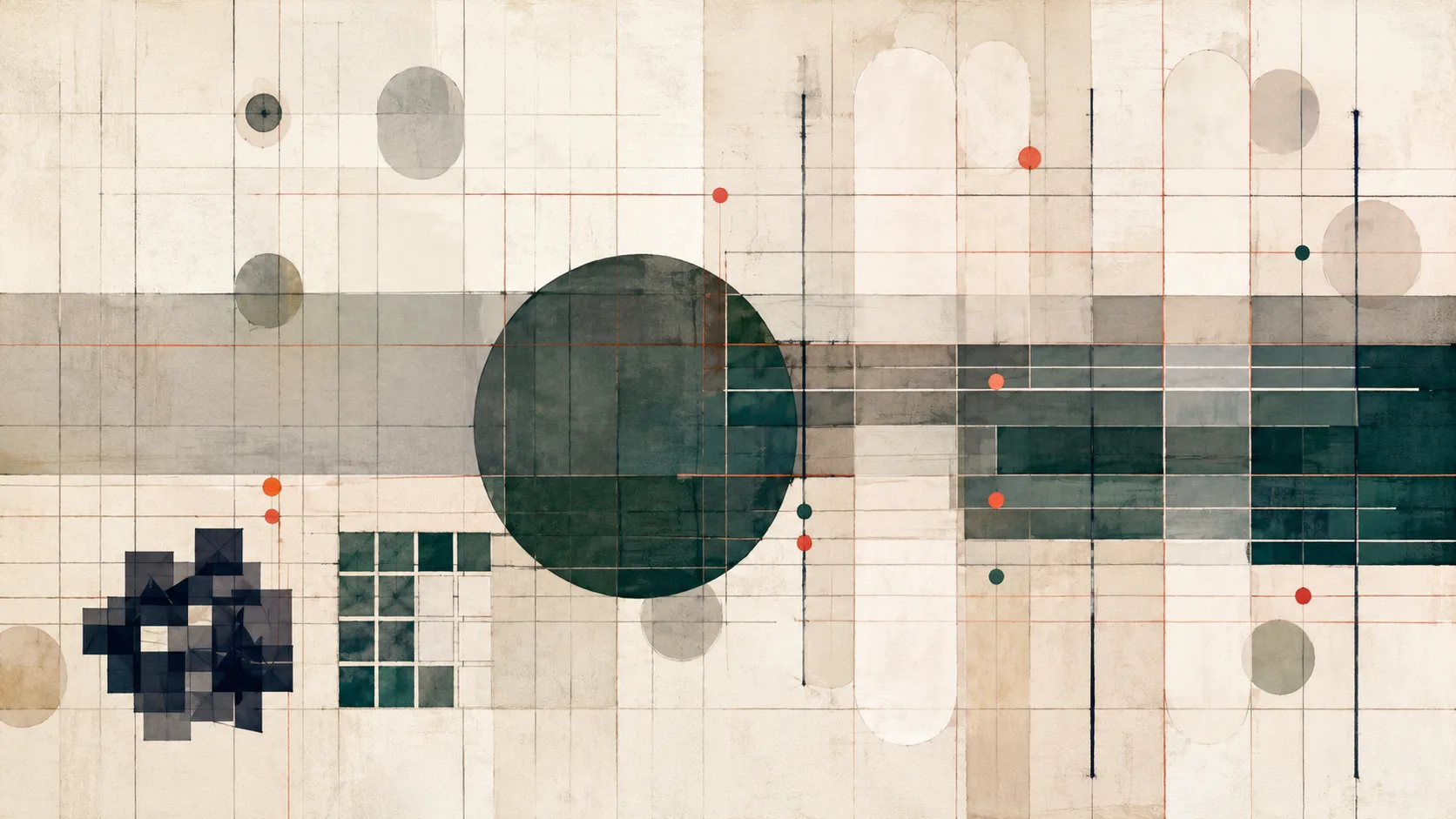 Abstract geometric artwork in ClearScope Counsel's teal, cream, and persimmon palette