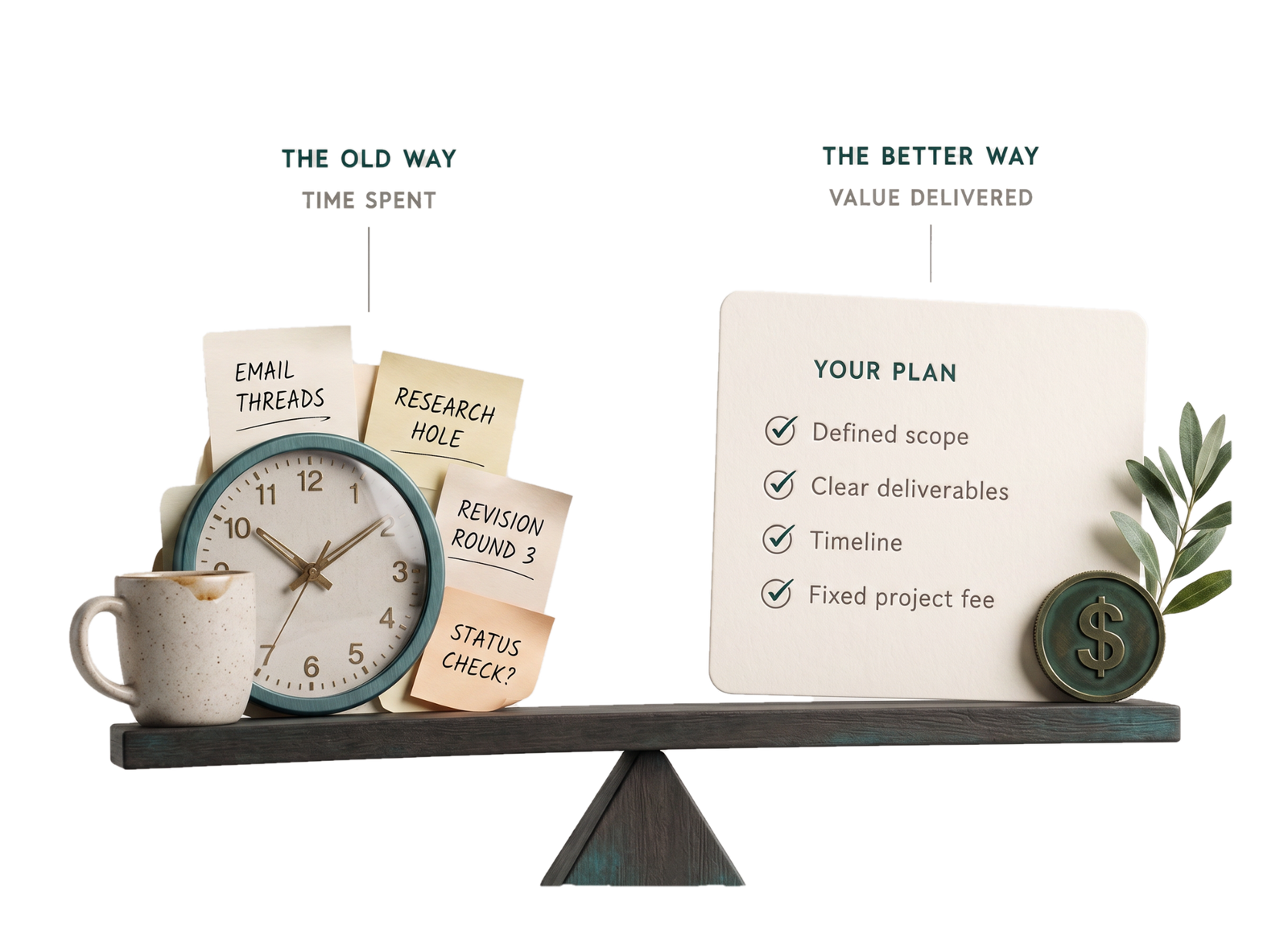 Conceptual balance comparing the old hourly billing model with a clearer fixed-fee plan.