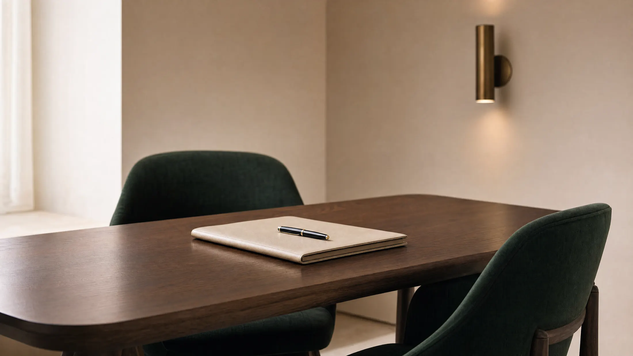 A quiet meeting room: a dark walnut table, two green chairs facing each other, a closed folio and pen set out on the table