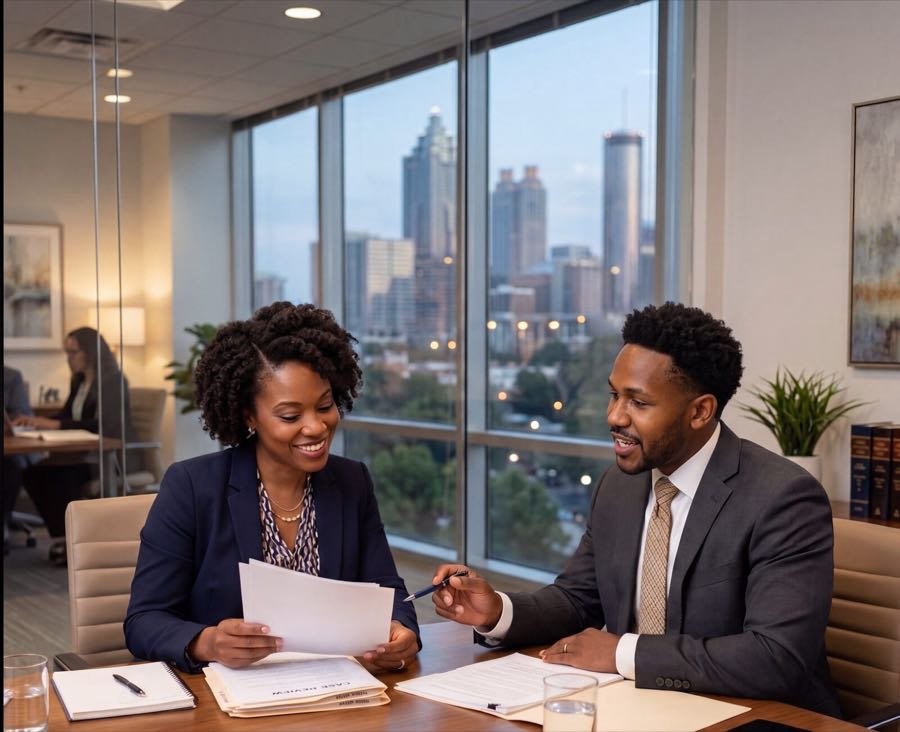 Dontay Phillips reviewing a client&rsquo;s file at the firm&rsquo;s office